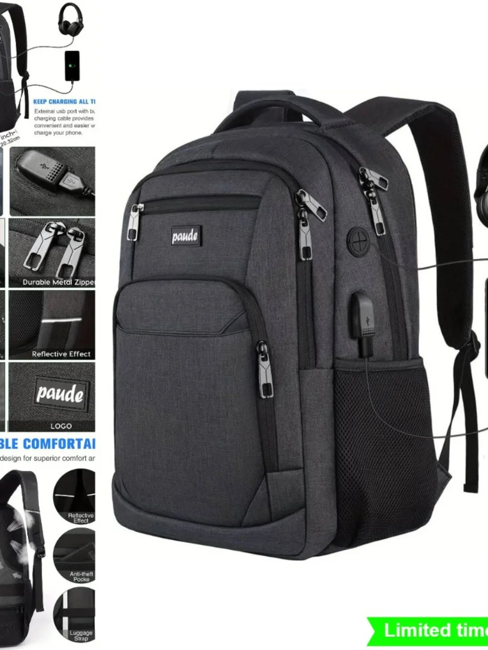 Backpack with USB Charging Port for School College Travel 15.6 Inch Laptop